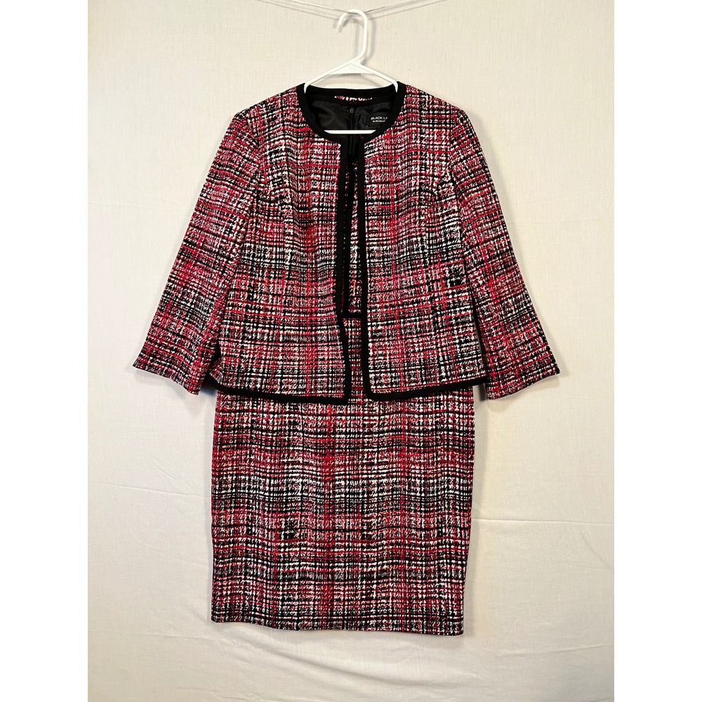 Evan-Picone Black Label Red Plaid Skirt Suit Set Jacket & Pencil Skirt Size 14